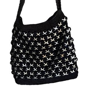 Black Lined Zip Closed Crochet Crossbody Bag with Metal Detail